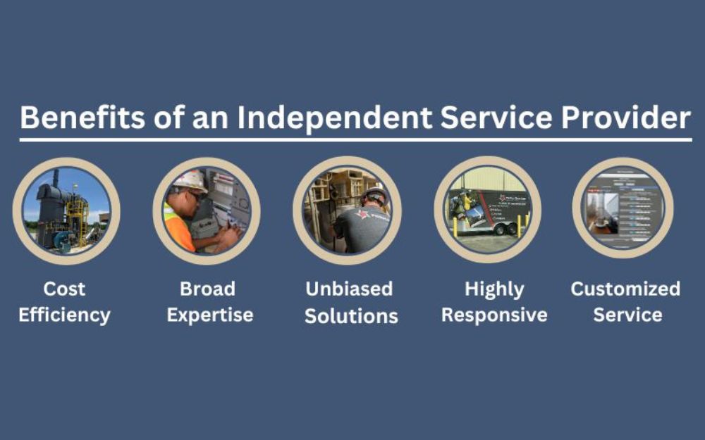 Graphic visually displaying the benefits of an Independent Service provider: Cost efficiency, broad expertise, unbiased solutions, highly responsive and customized service